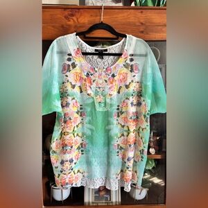 Style & Co. Womens XL Mint Green Sheer Floral Tunic with Lace Trim